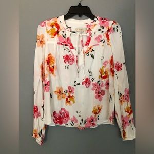 Loft Size Small White Pink Floral Long Sleeve Shirt